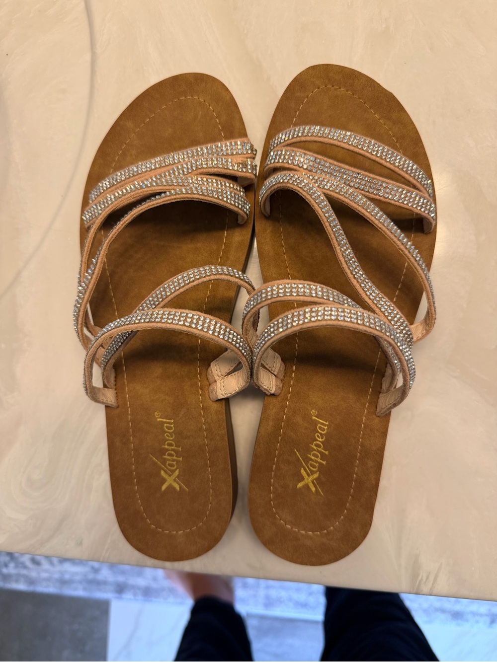 Xhilaration Tan Strappy Sandals with Rhinestone Trim